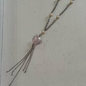 925 Sterling Silver Chain Pearl & Pink Bead Fringe Tassel Lariat Necklace